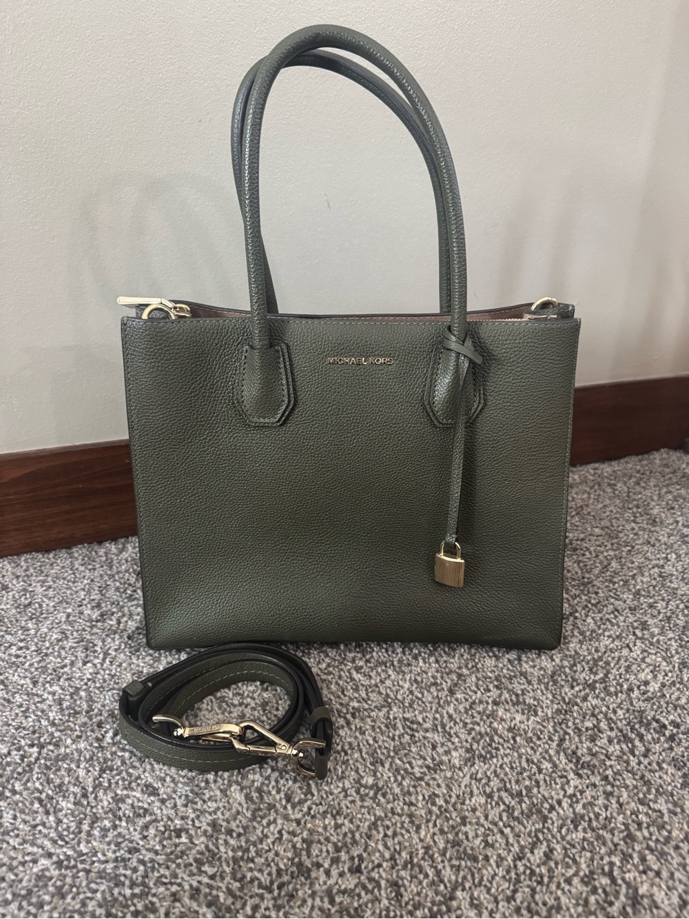 Michael Kors Olive Green Pebbled Leather Satchel with Gold Hardware